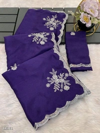 Catalog Name: *Heavy Chinon Fabric Embroidery Work Saree*

*Pure Chinnon  with white silver zari  Embroidery work  In Saree* 

Blouse - chinnon  with butti work all over.

Saree cut -5.60 mts
Blouse- .90cmts 

*BEST QUALITY AS ALWAYS*

Brand Name: *Lilu Ethnics*

_*Free Shipping! COD Available! Returns Available!*_
Extra ₹40charge for cash on delivery  - Free