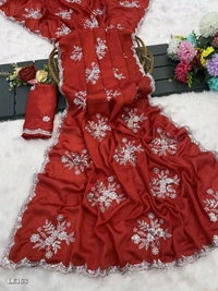 Catalog Name: *Heavy Chinon Fabric Embroidery Work Saree*

*Pure Chinnon  with white silver zari  Embroidery work  In Saree* 

Blouse - chinnon  with butti work all over.

Saree cut -5.60 mts
Blouse- .90cmts 

*BEST QUALITY AS ALWAYS*

Brand Name: *Lilu Ethnics*

_*Free Shipping! COD Available! Returns Available!*_
Extra ₹40charge for cash on delivery  - Free