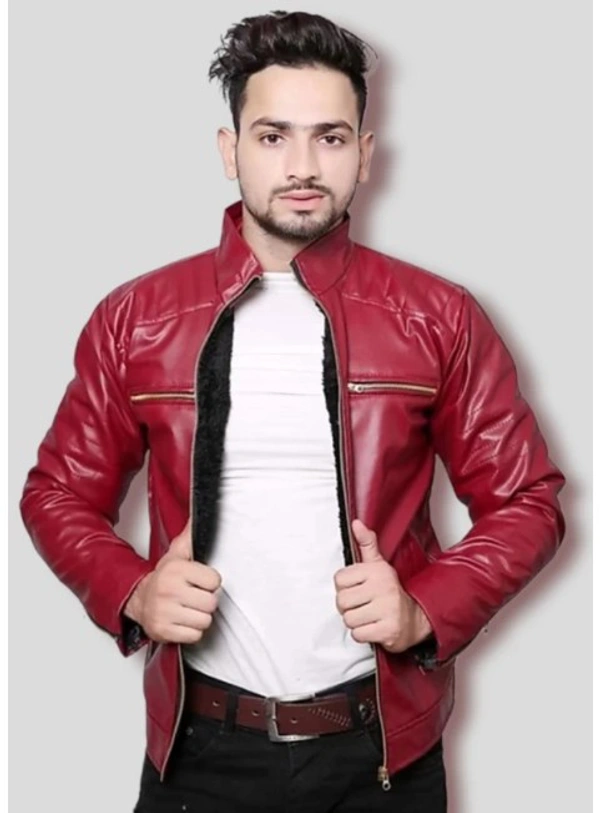 Men Leather Jacket  - Red, L