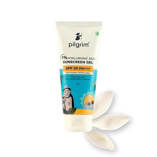 PILGRIM Pilgrim 1% Hyaluronic Acid Sunscreen Gel | Sunscreen SPF 50 +++ for men and women with Korean White Lotus | Broad spectrum, Non-greasy, No white cast & Prevents Tanning | All skin types | - 50g