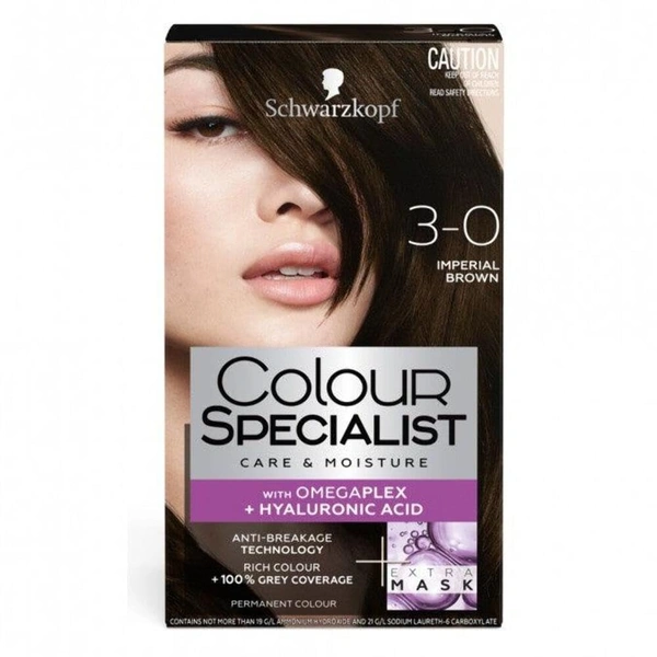 Schwarzkopf Colour Specialist Permanent Hair Colour, First At-Home Hair Colour with Omegaplex Anti-Breakage Technology, powered by Hyaluronic Acid for shinier hair, 165ml - 3.0 Imperial Brown