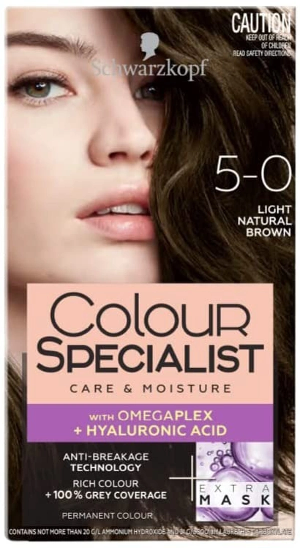 Schwarzkopf Colour Specialist Permanent Hair Colour, First At-Home Hair Colour with Omegaplex Anti-Breakage Technology, powered by Hyaluronic Acid for shinier hair, 165ml - 5.0 Light Natural Brown