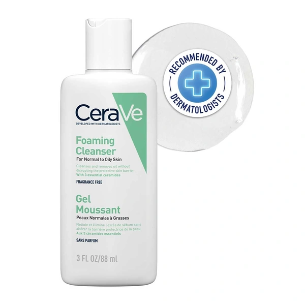 CeraVe Foaming Cleanser For Normal To Oily Skin - Dermatologist-Developed Facewash | Non-Comedogenic And Fragrance-Free Cleansers For Acne-Prone Skin - 88ML