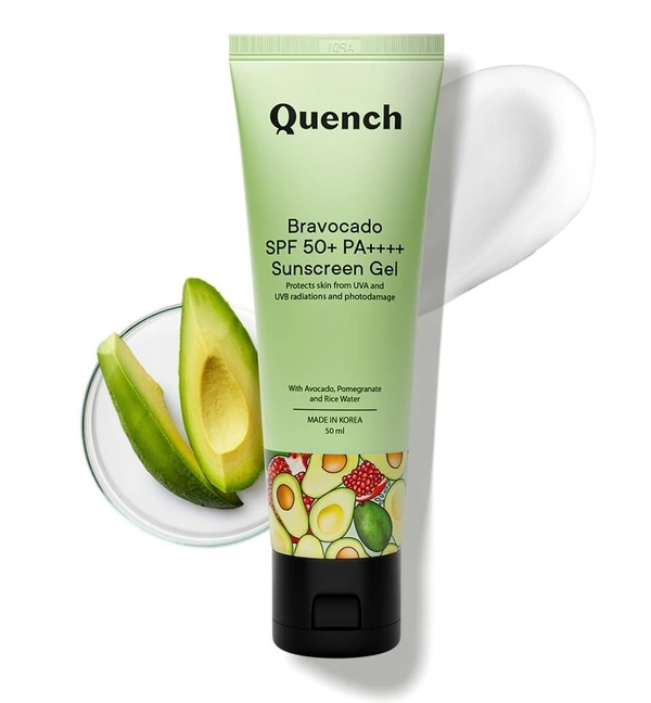 QUENCH Bravocado Vitamin E Sunscreen SPF 50 PA++++ for Glowing Skin| Ultra-Lightweight, Non-Oily and Non-Sticky| No White Cast| UVA & UVB Protection| Made in Korea| For Women & Men (50ml)