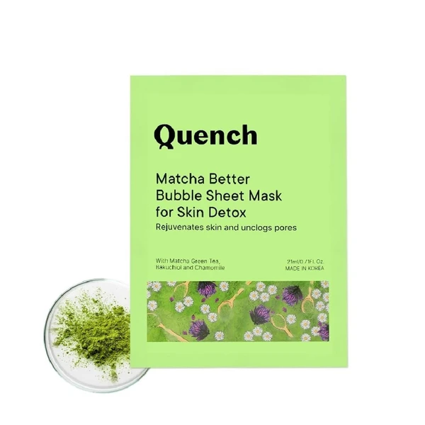 QUENCH Bubble Sheet Mask with Matcha Green Tea|Korean Face Mask for Glowing Skin| Deep Cleanses & Purifies Skin| Made in Korea| For All Skin Types (Pack of 1, 21ml)