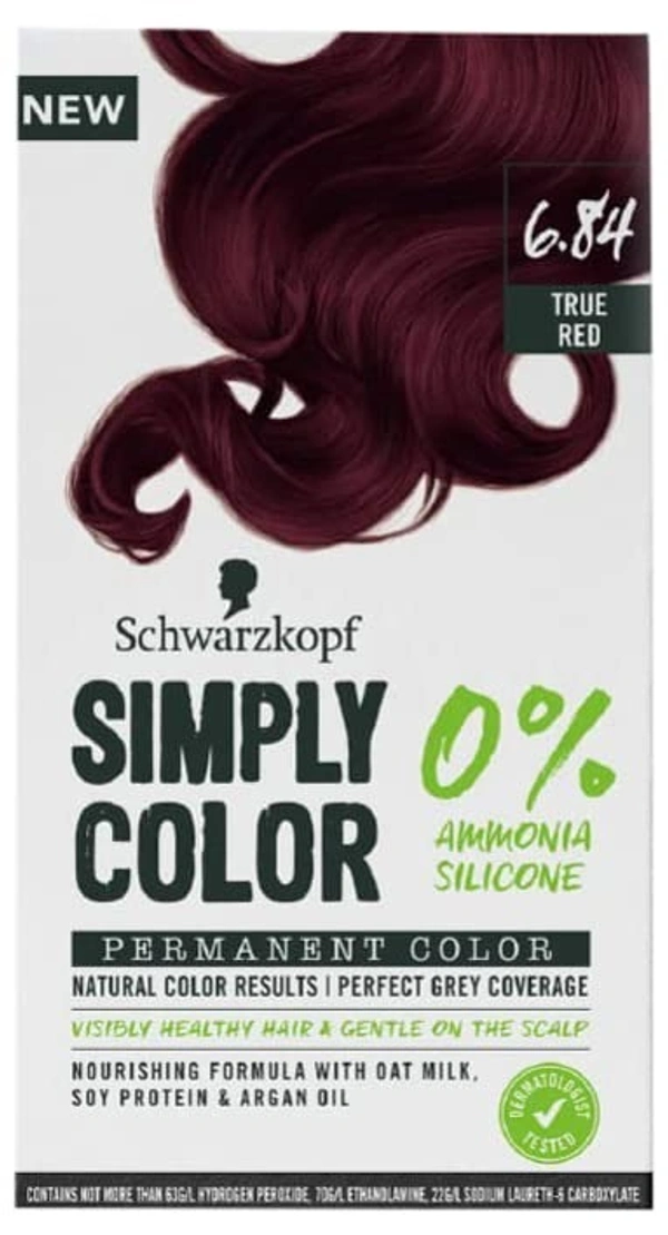 Schwarzkopf Simply Color Permanent Hair Colour, 0% Ammonia & Silicone for Natural Color Results, Dermatologist Tested hair colour with PPD & PTD Free formulation, 142.5ml - 6.84 True Red