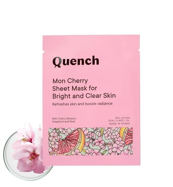 QUENCH Brightening Korean Sheet Mask with Cherry Blossom Radiance| Korean Face Mask for Glowing Skin| Hydrates Skin and Evens Out Skin Tone|Made in Korea| For All Skin Types (Pack of 1, 25ml)