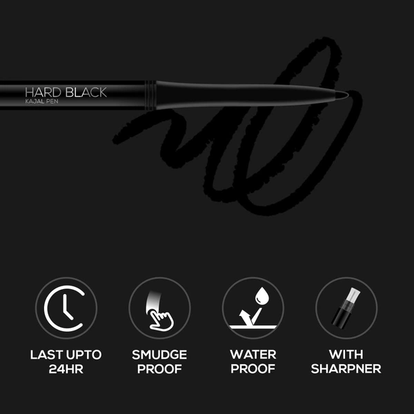 RENEE Hard Black Kajal Pen with Sharpener | 24 Hrs Stay Long Lasting Super Black Kajal Pencil 0.35gm, Matte Finish, Rich Color Payoff, Smudge & Water Proof with One Swipe Application Formula - Aug'2026