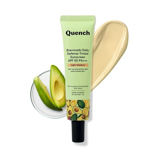 QUENCH Daily Defense Tinted Sunscreen SPF 50 PA+++ for Glowing Skin (Light Medium)| With Avocado & 2% Niacinamide| Blue Light Protection| Hybrid Sunscreen| Satin-Matte Finish| Made in Korea (50ml)