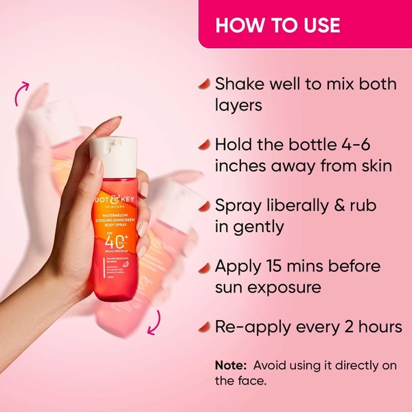 Dot & Key DOT & KEY Watermelon Cooling Sunscreen Body Spray Spf 40 Pa+++ For All Skin Types - 110Ml|Sun Protection Lotion|Broad Spectrum Uv Protection|Alcohol Free|Non Greasy & Non Sticky|For Women & Men