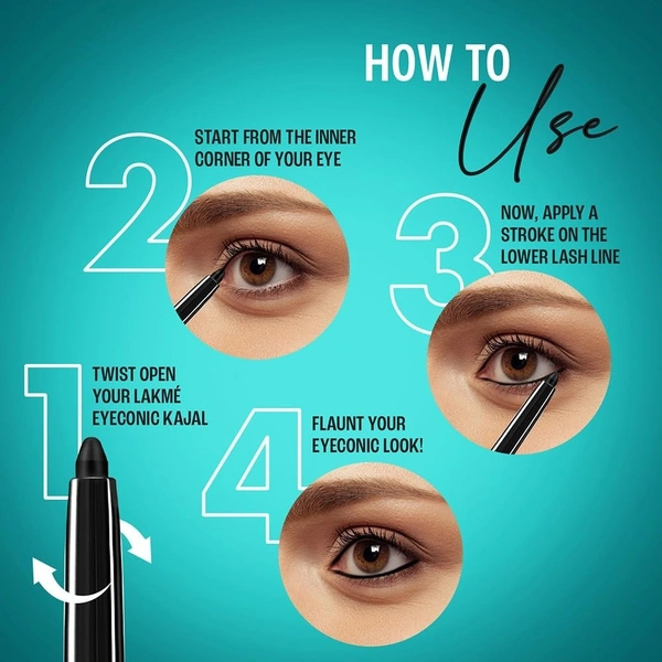 LAKME Eyeconic Black Kajal 0.35 g (Combo Pack of 2) Matte Kohl Liner in a Twist Up Pencil - Waterproof, Smudge Proof & Long Lasting Eye Makeup - JUN'2026, INDIA