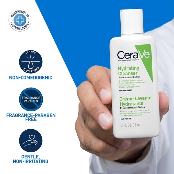 CeraVe Hydrating Cleanser For Normal To Dry Skin - Non-Foaming Face Wash with Hyaluronic Acid And Ceramides | Non-Comedogenic, Non-Irritating And Fragrance-Free Cleanser - 88ML