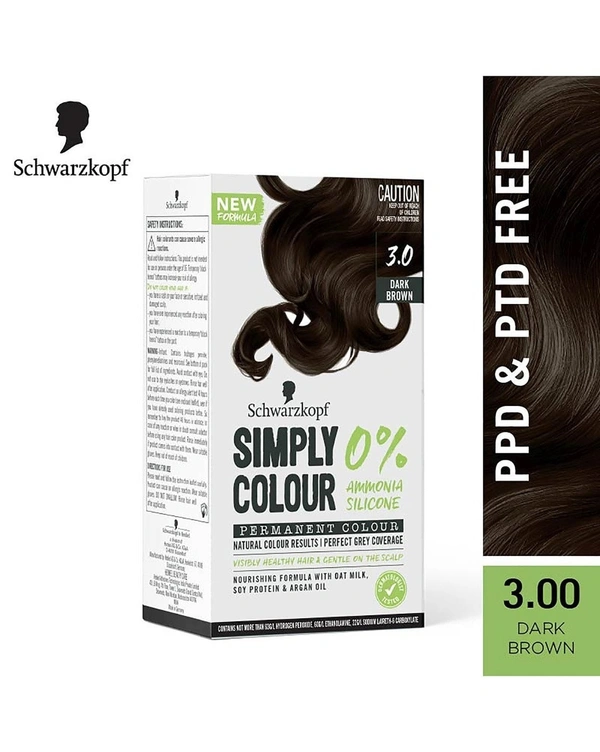 Schwarzkopf Simply Color Permanent Hair Colour, 0% Ammonia & Silicone for Natural Color Results, Dermatologist Tested hair colour with PPD & PTD Free formulation, 142.5ml - 3.00 Dark brown