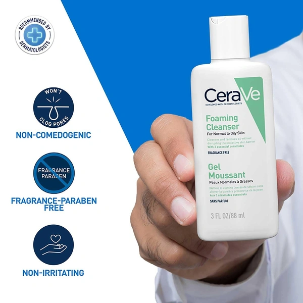CeraVe Foaming Cleanser For Normal To Oily Skin - Dermatologist-Developed Facewash | Non-Comedogenic And Fragrance-Free Cleansers For Acne-Prone Skin - 88ML