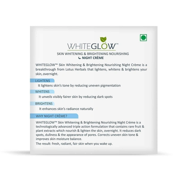 Lotus Herbals Cream, White Glow Skin Whitening And Brightening Nourishing Night Creme - 40g