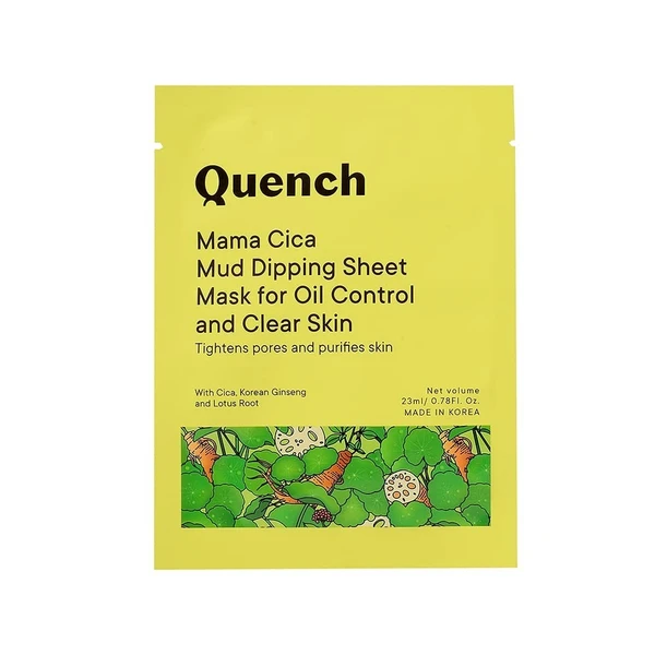 QUENCH Mud Dipping Korean Sheet Mask for Oil Control and Clear Skin | Purifies Skin| Korean Face Mask for Oily Skin| with Cica & Korean Ginseng, 23ml