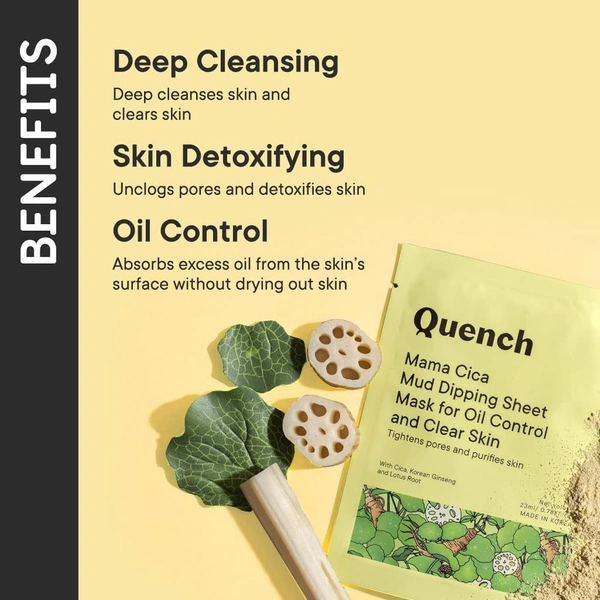 QUENCH Mud Dipping Korean Sheet Mask for Oil Control and Clear Skin | Purifies Skin| Korean Face Mask for Oily Skin| with Cica & Korean Ginseng, 23ml