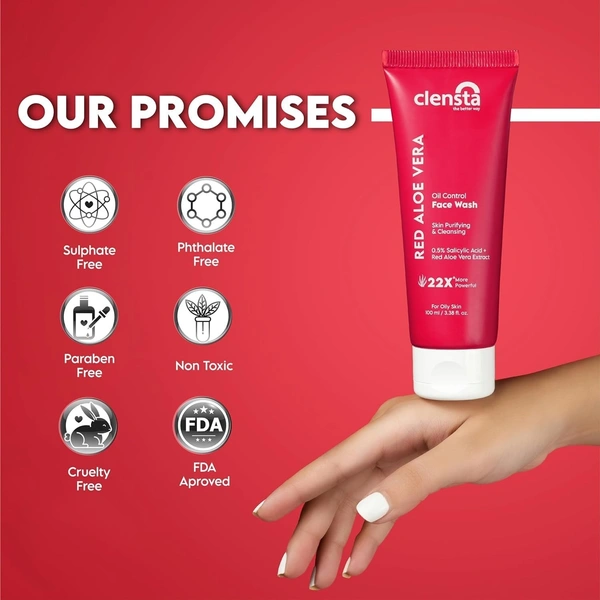 Clensta Red Aloe Vera Oil Control Face Wash | Refreshing Gentle Skin Cleanser With 0.5% Salicylic Acid for Oily Skin | For Daily Use | Skin Purifying Gentle Cleanser For Women & Men | Sulfate & Paraben Free 100ml