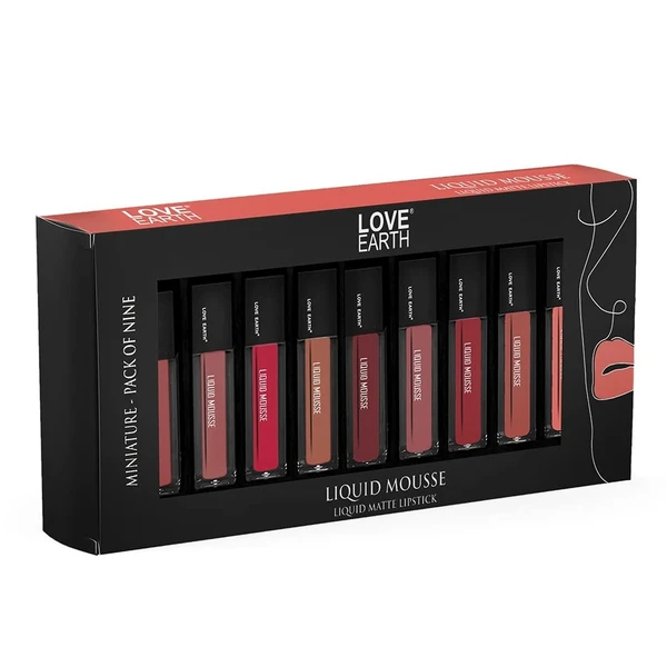 Love Earth LoveEarth Liquid Matte Lipstick Combo Pack - 9-Piece Set with Waterproof Mousse Jojoba Oil, and Vitamin E - Smudge-Proof & Transferproof Mini Liquid Lipstick Long-Lasting Lip Makeup Gift Set for Women - INDIA