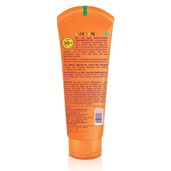 Lotus Herbals Safe Sun Daily Multi-Function Sunscreen Cream Spf 50+ Pa+++, 60g