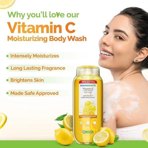 Mamaearth Vitamin C Moisturizing Body Wash with Vitamin C & Refreshing Lemon Scent for Skin Illumination- 275ml|Deeply Cleanses|Intensely Moisturizes|Long-Lasting Fragrance|Radiant Glow|All Skin Types