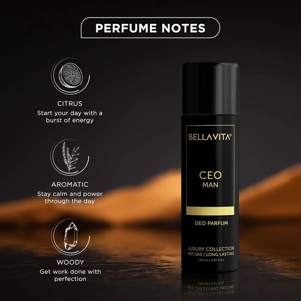BELLAVITA Luxury CEO MAN Body Parfum No Gas Deodorant | Office Wear Body Parfum Deo for Men with Long Lasting Notes of Tonka,Agarwood | Premium & Luxury Fragrance For Men | 150 ML