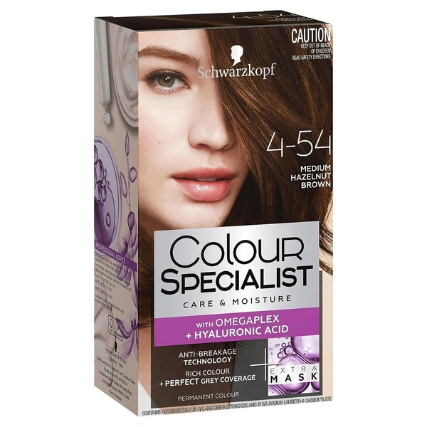 Schwarzkopf Colour Specialist Permanent Hair Colour, First At-Home Hair Colour with Omegaplex Anti-Breakage Technology, powered by Hyaluronic Acid for shinier hair, 165ml - 4.54-Medium Hazelnut Brown