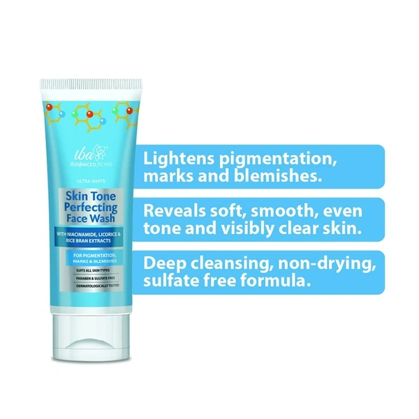Iba Advanced Activs Ultra White Skin Tone Perfecting Face Wash l No Parabens & Sulfates l High Foam l For Lighter, Even Tone Skin | Halal Certified & Vegan - 100 ml
