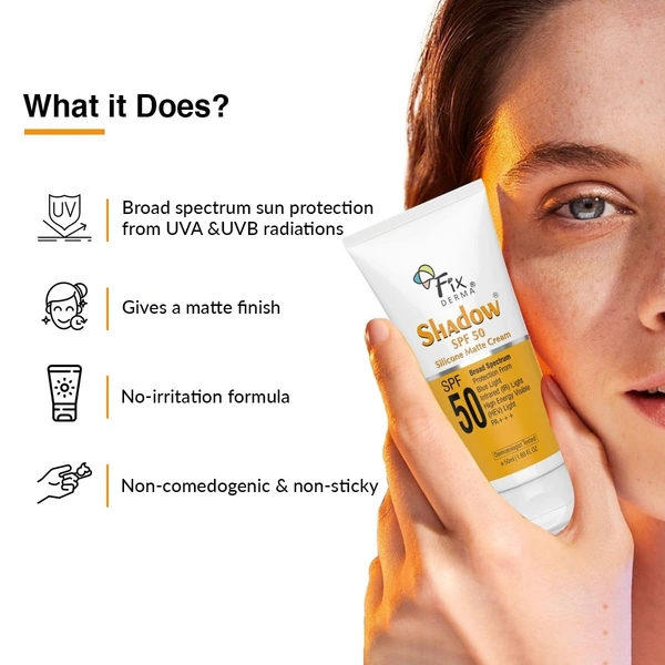 Fixderma Shadow Sunscreen SPF 50 Silicone Matte Cream PA+++ | Sunscreen for Oily Skin - Acne Prone, Matte Finished | Sun Screen Protector SPF 50 | Sunscreen for Body & Face | Broad Spectrum Sunscreen for UVA & UVB Protection | Sunscreen for Women & Men - 50ml - 50ml