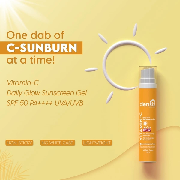 Clensta Daily Glow Sunscreen Gel SPF 50 PA++++ with Vitamin C, Niacinamide and Squalane, UVA/UVB Filters - No White Cast, Non-Greasy, Non-Sticky, Lightweight & Anti-Tan Formula With Fragrance Free | For Men & Women, 50 gm