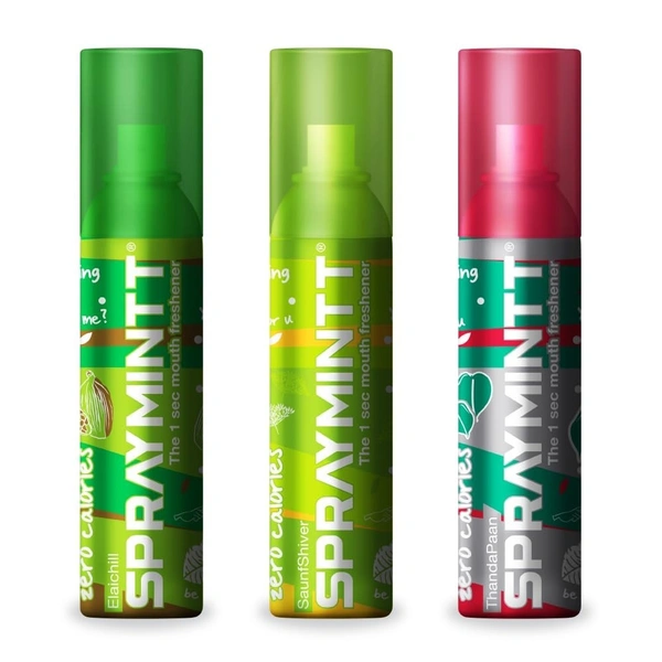 Spraymintt Mouth Freshener | 175+ sprays of instant long lasting with Zero Calories Freshness | Elaichii flavour + Saunfshiver flavour + Thandapaan flavour | 15g - Combo of 3