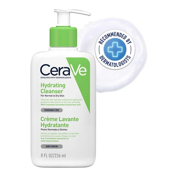 CeraVe Hydrating Cleanser For Normal To Dry Skin - Non-Foaming Face Wash with Hyaluronic Acid And Ceramides | Non-Comedogenic, Non-Irritating And Fragrance-Free Cleanser - 236ML