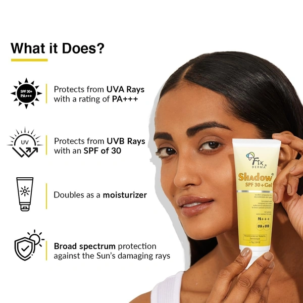 Fixderma Shadow Sunscreen SPF 30+ Gel PA+++ | Sunscreen for Oily Skin | Sun Screen Protector SPF 30 | Sunscreen for Body & Face | Broad Spectrum Sunscreen for UVA & UVB Protection | Sunscreen for Women & Men | Non Greasy & Water Resistant - 75g