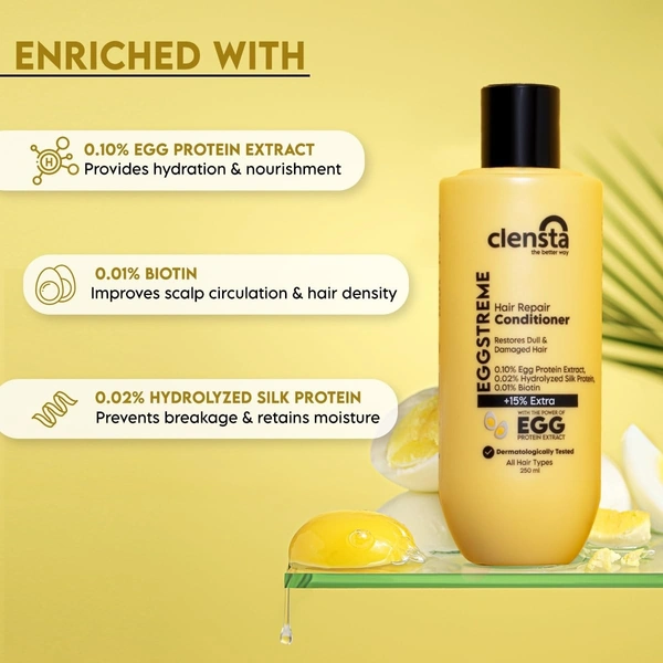 Clensta Eggstreme Hair Conditioner With Biotin, Egg Protein & Hydrolyzed Silk Protein | For Deep Nourishment, Frizzy Hair, Reduces Hair Breakage | Sulphate & Paraben Free | Men & Women 250ml