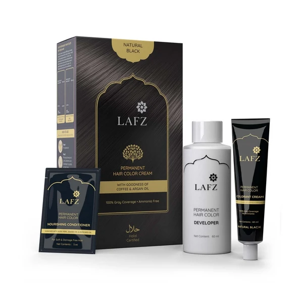 Lafz Halal Permanent Hair Color | No Ammonia Formula infused with Coffee & Argan oil | 100% Gray Coverage | Long lasting Colour | Smoothness & Shine | For Men & Women | Halal Certified | Natural Black, 130ml
