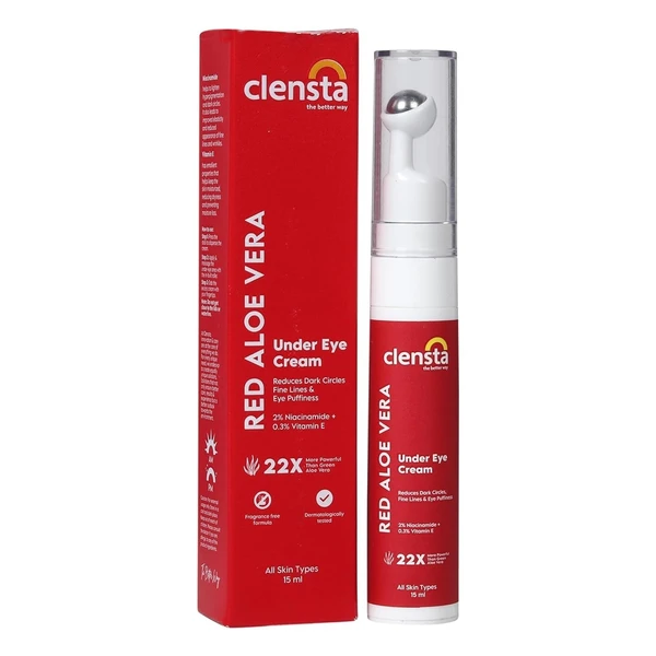 Clensta Red Aloe Vera Under Eye Cream With Niacinamide & Vitamin E | Reduces Dark Circles, Fine Lines & Eye Puffiness | For Men & Women - 15ml