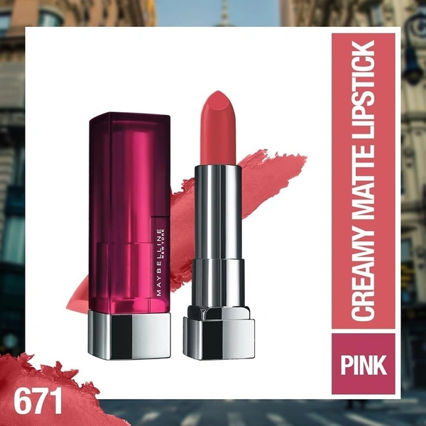 Maybelline New York Matte Lipstick, Intense Colour, Keeps Lips Moisturised, Color Sensational Creamy Matte Lipstick, 3.9g - 671 Heated Pink