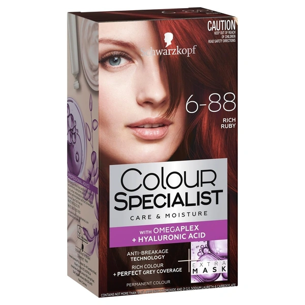 Schwarzkopf Colour Specialist Permanent Hair Colour, First At-Home Hair Colour with Omegaplex Anti-Breakage Technology, powered by Hyaluronic Acid for shinier hair, 165ml - 6.88 Rich Ruby