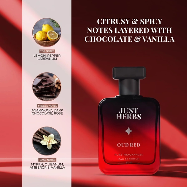 Just Herbs Intense Oud Red EDP Perfume Spray for Men Long Lasting Fragrance - 50 ml