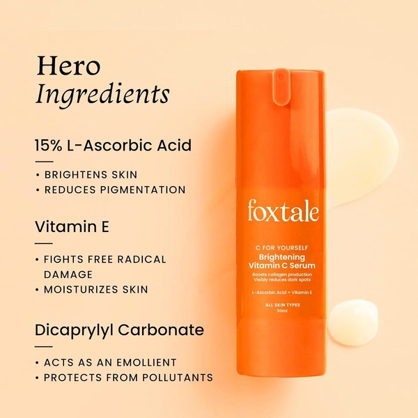 Foxtale 15% Vitamin C Face Serum for Glowing Skin | Pure L-Ascorbic Acid and Vitamin E | Brightening Serum for Dark Spots,Dull Skin,Uneven Skin Tone | All Skin Types | 30 ml