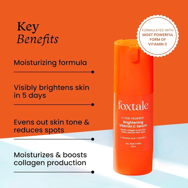 Foxtale 15% Vitamin C Face Serum for Glowing Skin | Pure L-Ascorbic Acid and Vitamin E | Brightening Serum for Dark Spots,Dull Skin,Uneven Skin Tone | All Skin Types | 30 ml