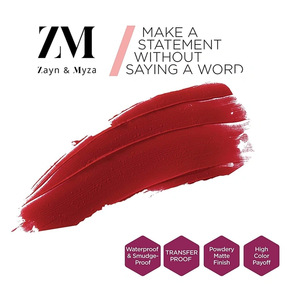 ZM Zayn & Myza Transfer-Proof Power Matte Finish, Liquid Lip Colour, 6 ml - 01 POWER RED