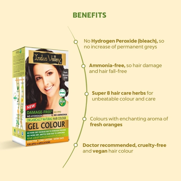 INDUS VALLEY Damage Free Natural Gel Hair Colour for Women | Ammonia & PPD Free Organic Hair Colour with 100% Grey Coverage, Long Lasting Conditioning Hair Color | Dark Brown 3.00-220 ml