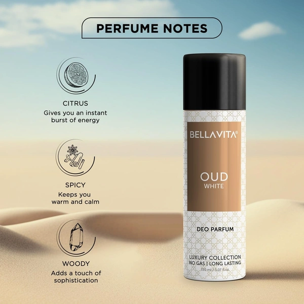 BELLAVITA Luxury OUD WHITE No Gas Body Deodorant Parfum for Men with Orange, Fressia & Tobacco|Woody Long Lasting Body Perfume DEO 150 Ml