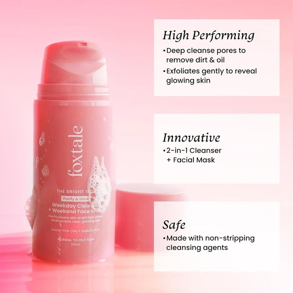 Foxtale Purify & Glow Cleanser + Clay Mask - Deep Cleanses Pores, Exfoliating Glow Facial, Instantly Gives Bright Skin, For Normal, Oily and Combination Skin, Men & Women - 100ml - INDIA, JAN'2026
