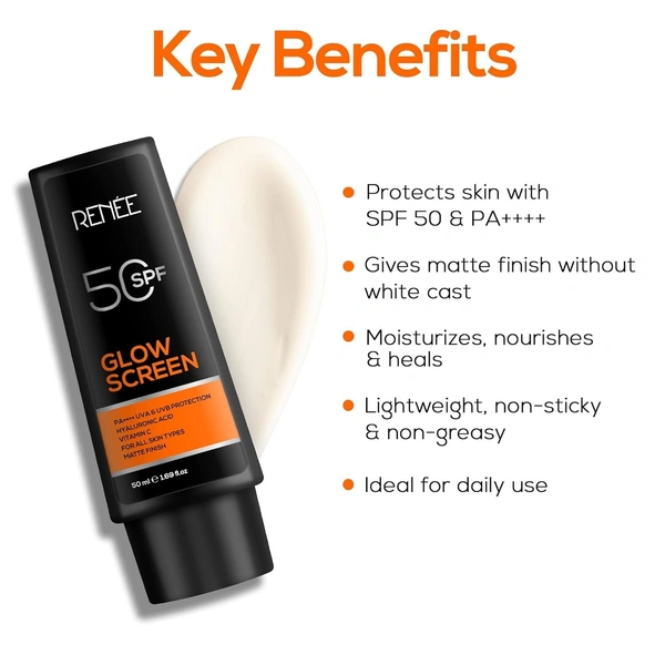 RENEE Glowscreen SPF 50 Sunscreen Cream - 50ml, PA++++ UVA & UVB Protection, Hyaluronic Acid & Vitamin C Enriched | Non-Greasy, Quick Absorbing Matte Formula, No White Cast - Ultimate Skin Protection - Jan'2026