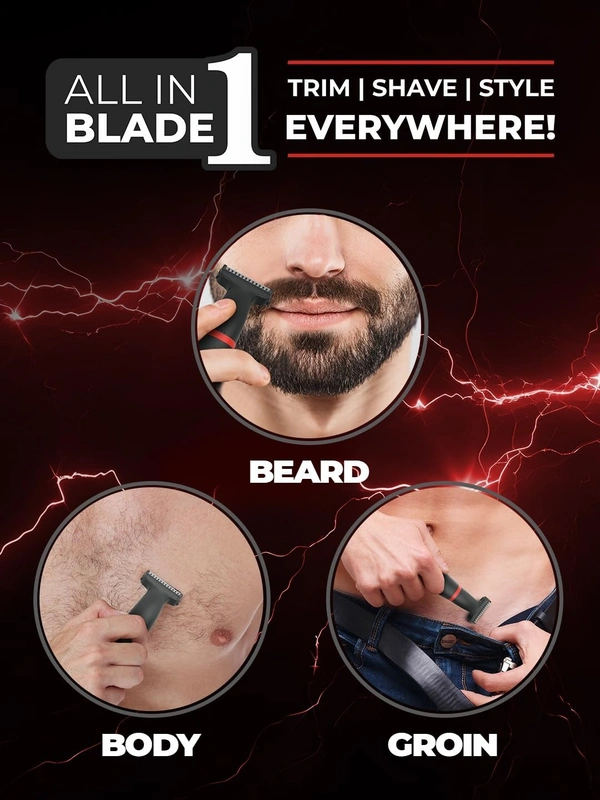Beardo Multipurpose I Blade Trimmer & Shaver for Beard, Body, Hair & Groin | One Blade Trimmer With 4 Trimming Combs | 90 min. Run Time USB TYPE C Charging Powerful Li+ battery| Shaver For Men, Black 