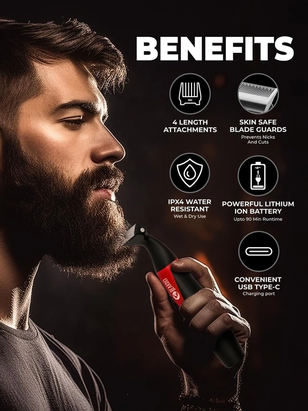 Beardo Multipurpose I Blade Trimmer & Shaver for Beard, Body, Hair & Groin | One Blade Trimmer With 4 Trimming Combs | 90 min. Run Time USB TYPE C Charging Powerful Li+ battery| Shaver For Men, Black 