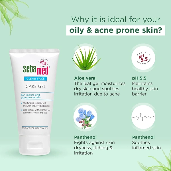 SEBAMED Clear Face Care Gel | pH 5.5 |Non-sticky Moisturizer with Hyaluronic acid, Aloe Vera | Dermatologically & clinically tested | 50ml