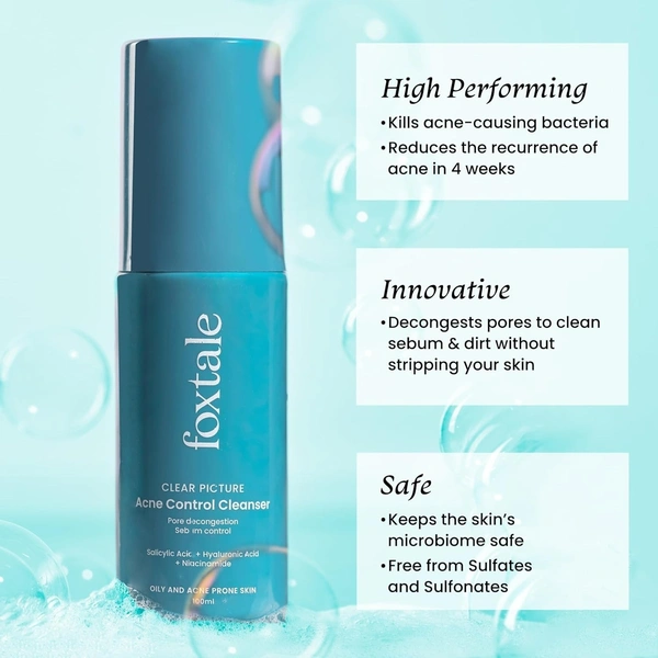 Foxtale 2% Salicylic Acid Face Wash for Oily & Acne Prone Skin with Niacinamide, Hyaluronic Acid | Anti Acne Cleanser for Oil Control | Reduces Pimples and Breakouts | Men & Women- 100 ml